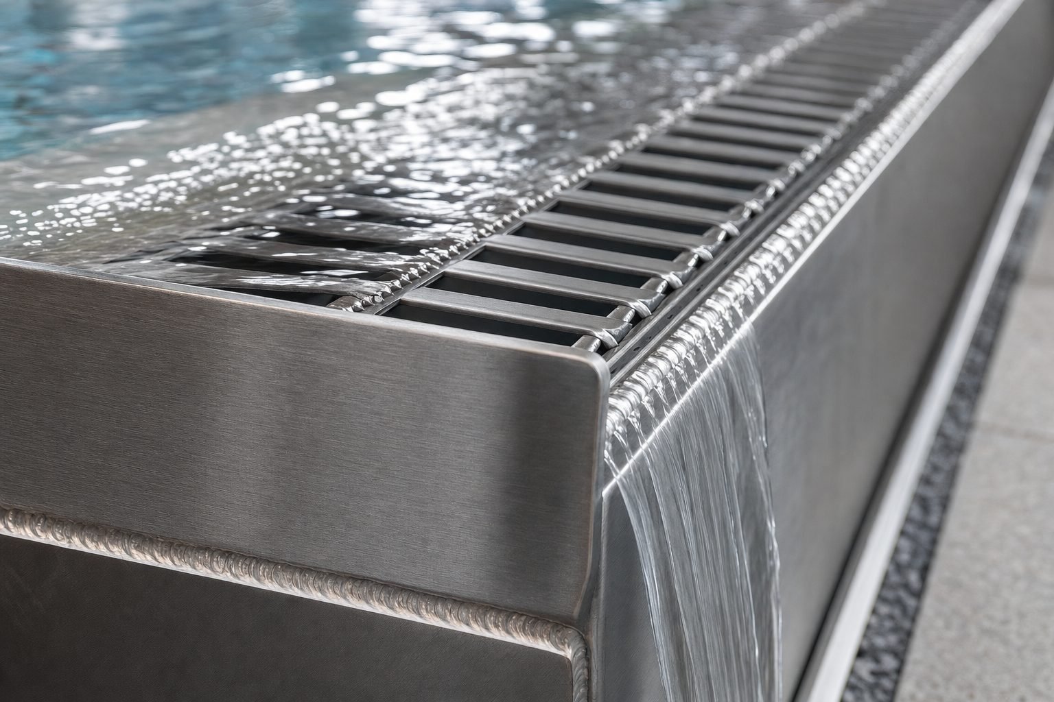 Detalle de canaleta recirculante de acero inoxidable con rejilla modular